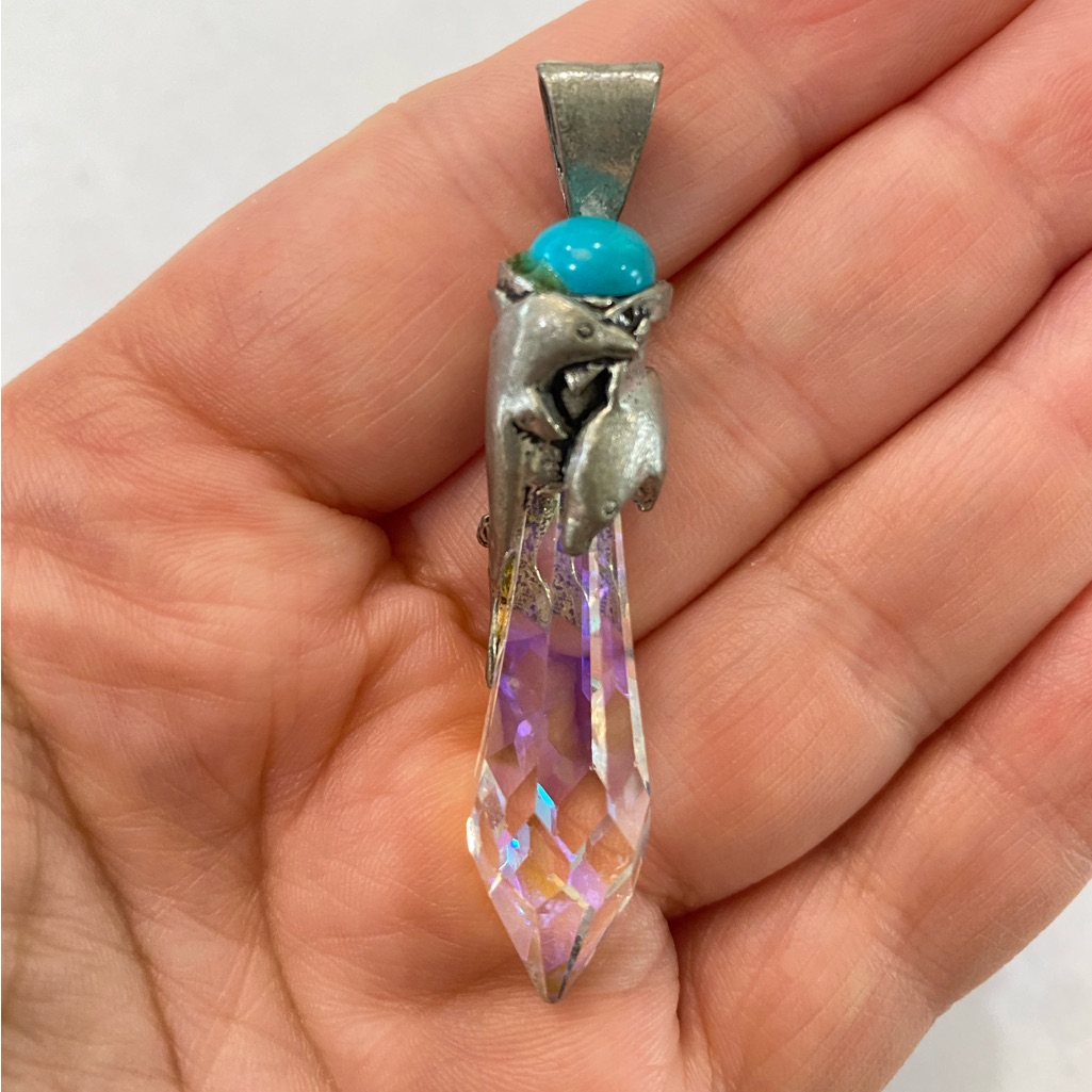 Silver Quartz Crystal Turquoise Pendant Necklace Dolphins Vintage Signed